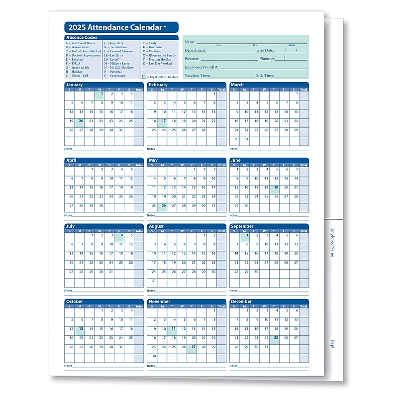 ComplyRight 2025 Attendance Calendar File Folder, 25 Forms/Pack (A3050) image 1