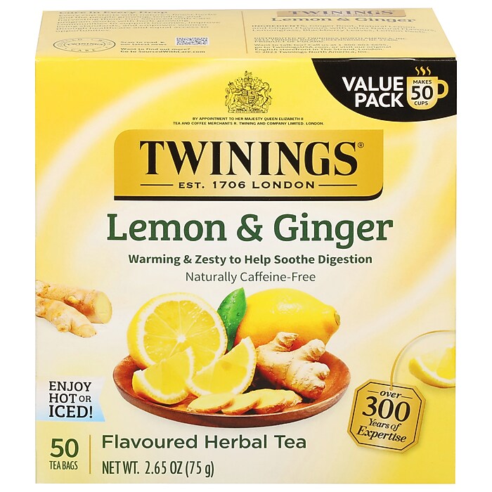 Twinings Caffeine Free Lemon & Ginger Herbal Tea Bags, 2.65 oz, 50
