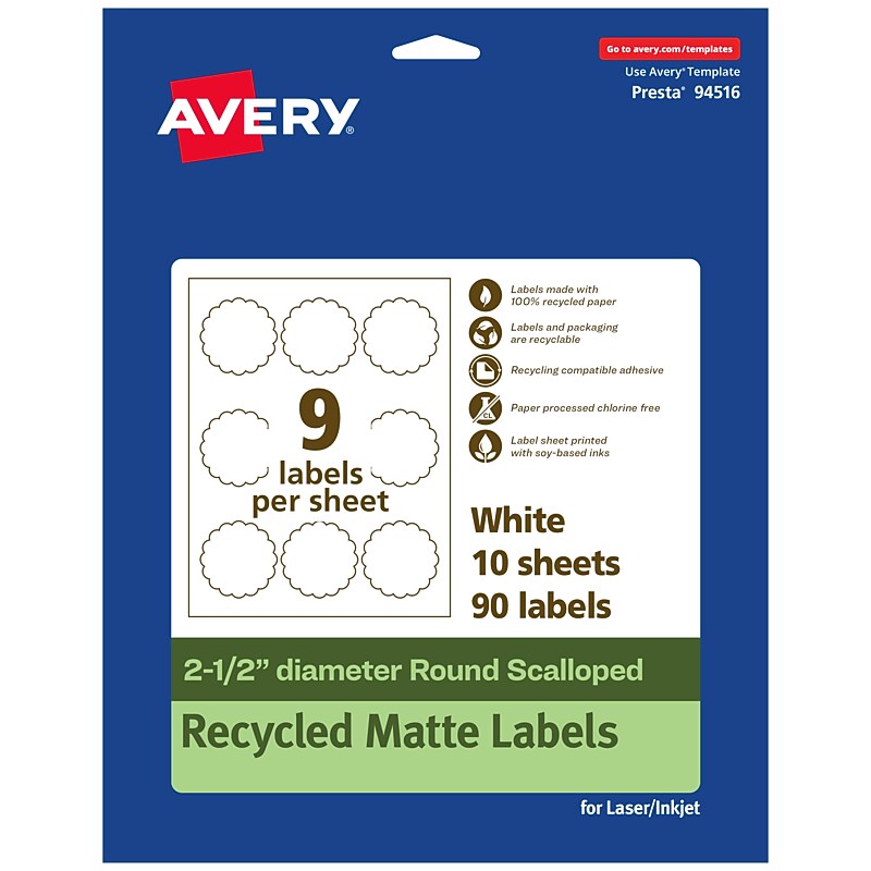 Avery EcoFriendly Laser/Inkjet Decorative Edge Multipurpose Labels, 2-1/2" Dia., White, 90/Pack (94516) image 1