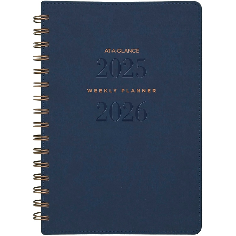 2025-2026 AT-A-GLANCE Signature 5" x 8" Academic Weekly & Monthly Planner, Faux Leather Cover, Navy image 1