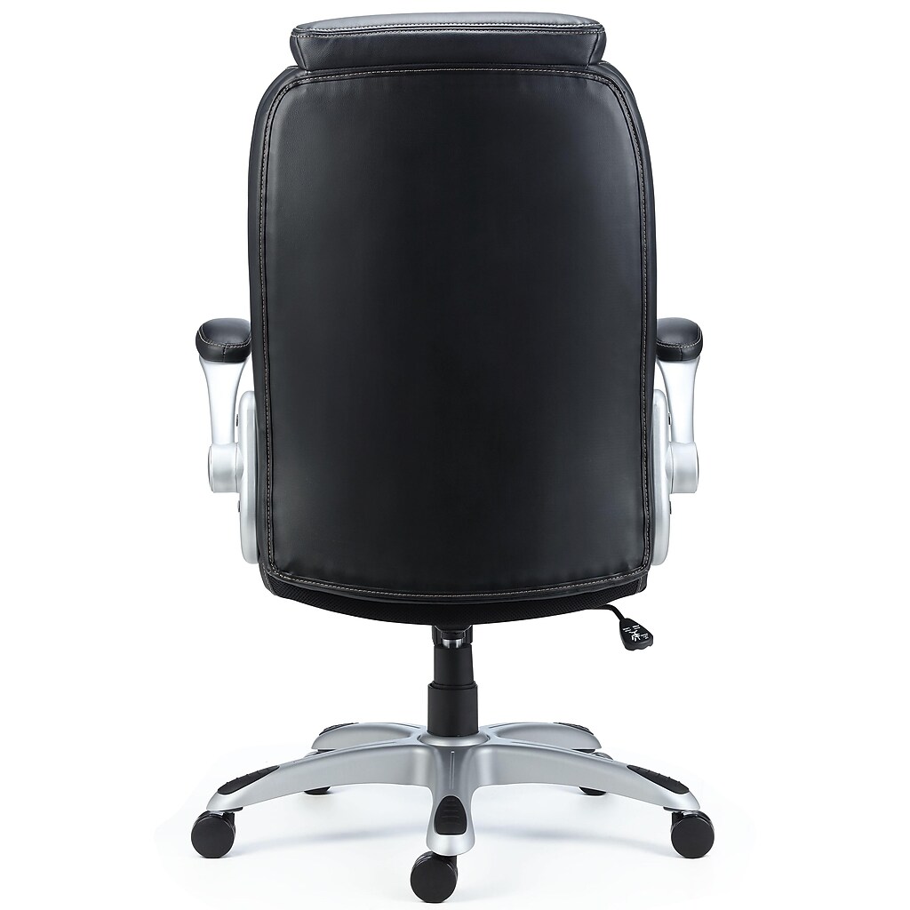 Back view of black bonded leather executive chair with visible stitching