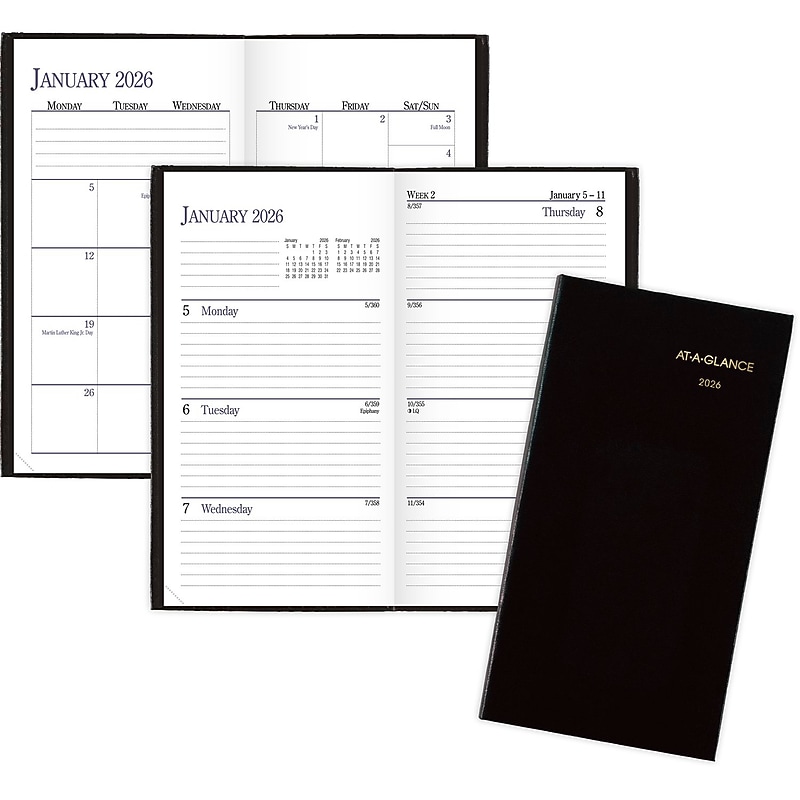 2026 AT-A-GLANCE Fine Diary 3" x 6" Calendar Year Weekly & Monthly Planner, Faux Leather Cover, Black (72-02-05-26) image 1