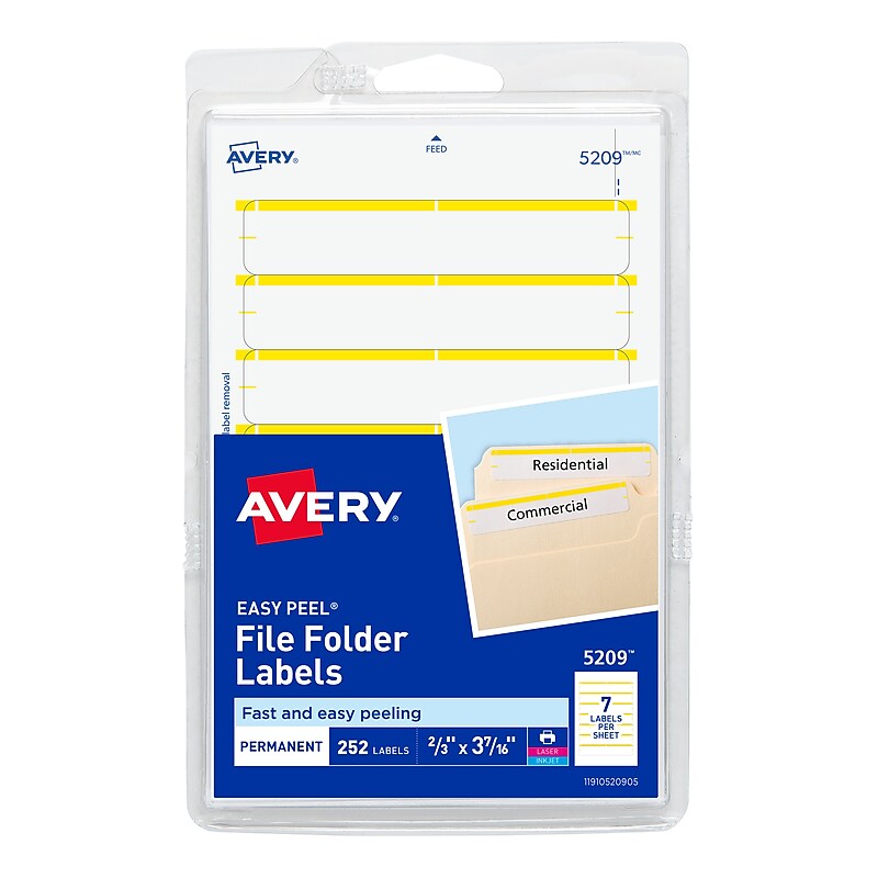 Avery Easy Peel Laser/Inkjet File Folder Labels, 4" x 6" Sheets, 2/3" x 3-7/16", White/Yellow, 252 Labels/Pack (5209) image 1