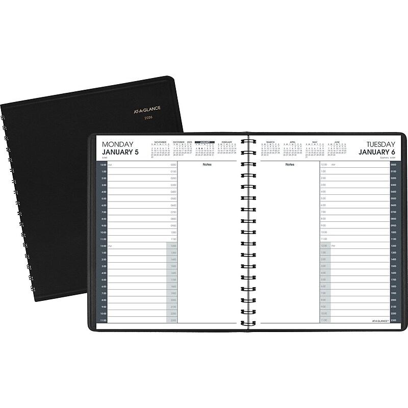2026 AT-A-GLANCE 24-Hour 7" x 8.75" Daily Appointment Book Planner, Faux Leather Cover, Black (70-824-05-26) image 1
