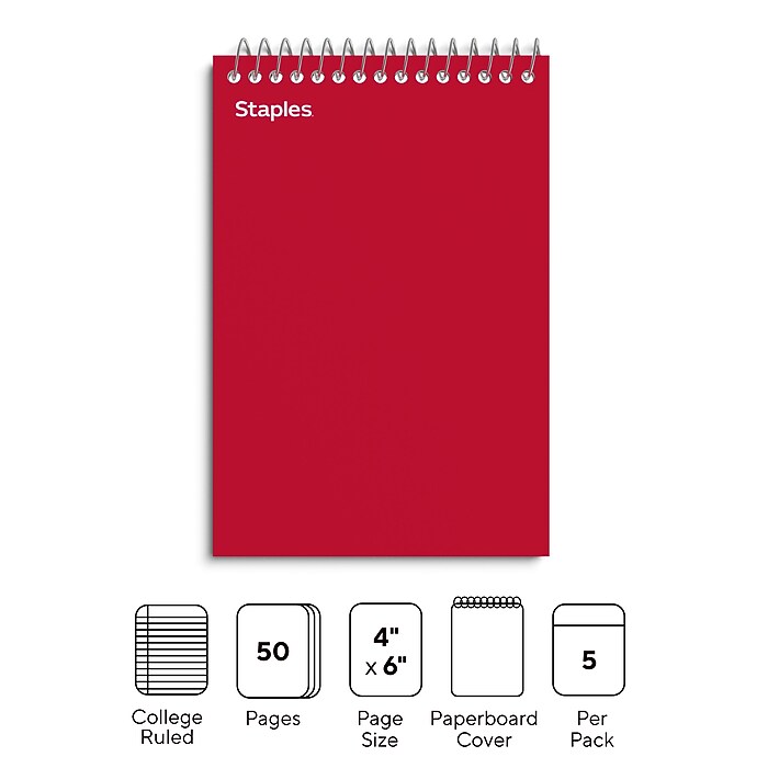 Staples Memo Pad, 4&quot; x 6&quot;, College Ruled, Assorted Colors, 50 