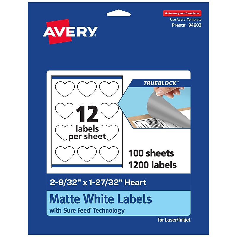 Avery TrueBlock Heart Shaped Laser/Inkjet Multipurpose Labels, 2-9/32" x 1-27/32", White, 1200/Box (94603) image 1