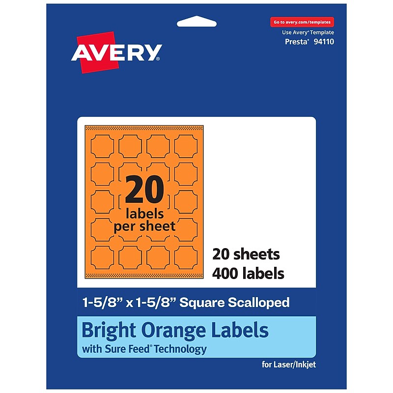 Avery Decorative Edge Multipurpose Labels, 1-5/8" x 1-5/8", Bright Orange, 400/Pack (94110) image 1