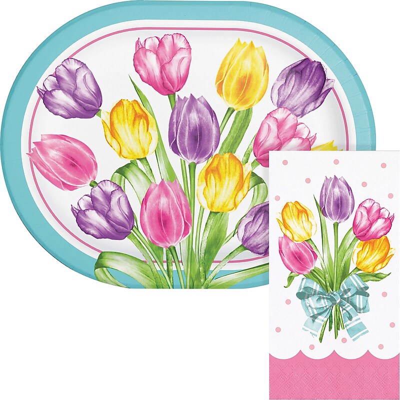 Say Hooray! Trendy Tulips Spring Oval Paper Plates and Dinner Napkins Set, 48/Pack (DTC9628E2H) image 1
