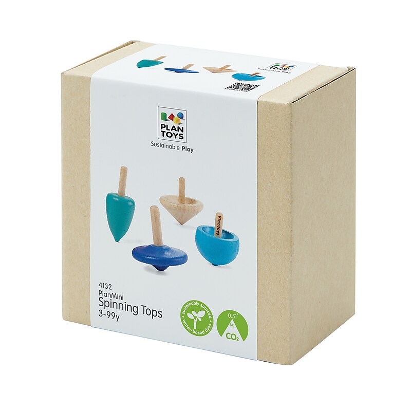 Plan Toys Wooden Mini Spinning Tops, Blue, 4/Pack (PTS4132) image 1
