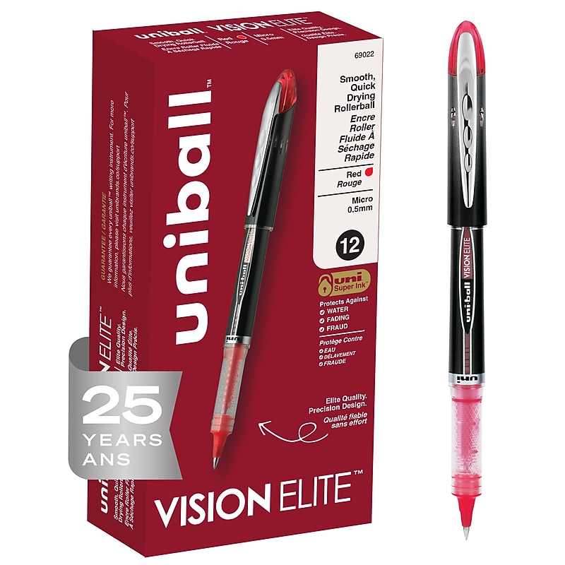 uniball Vision Elite Rollerball Pens, Micro Point, 0.5mm, Red Ink, Dozen (69022) image 1