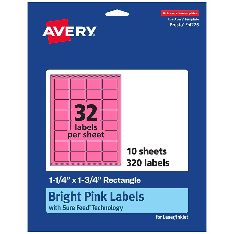 Avery Laser/Inkjet Rectangle Multipurpose Labels, 1.25" x 1.75", Bright Pink, 320/Pack (94226) image 1