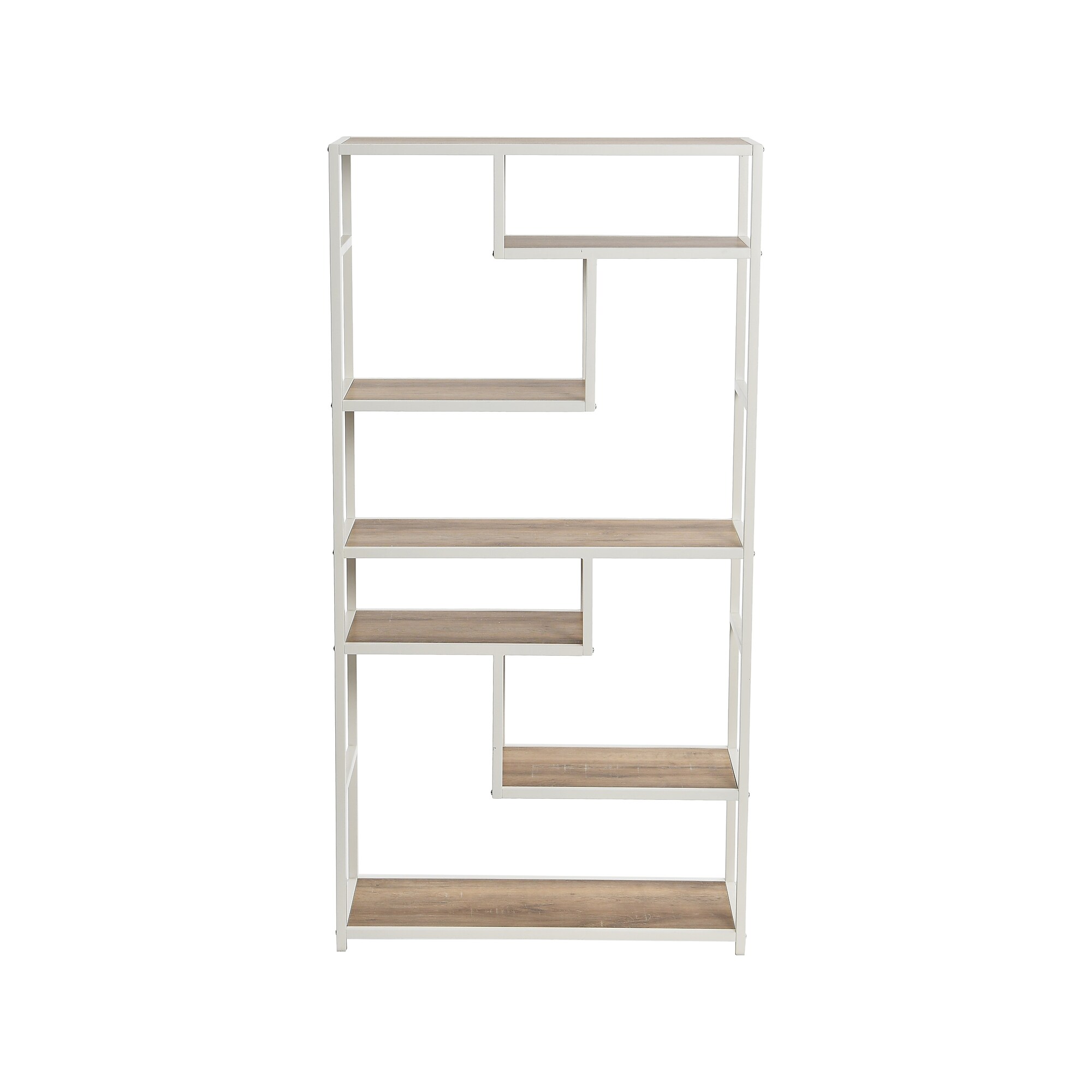 6-shelf bookcase with white frame and wood shelves