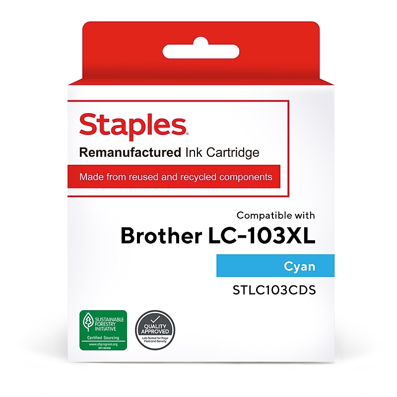 Staples Remanufactured Cyan High Yield Ink Cartridge Replacement for Brother (TRLC103CDS/STLC103CDS) image 1