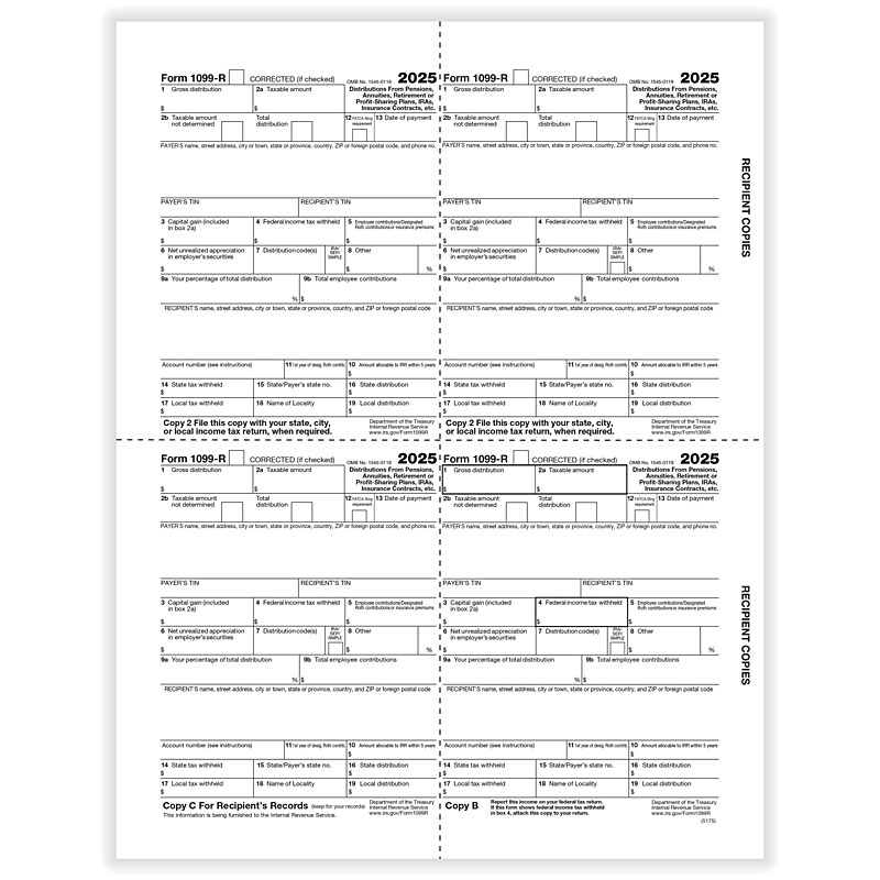 ComplyRight 2025 1099-R Tax Form, 4-Up, 500/Pack (5175B) image 1
