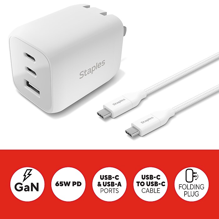 Staples TECH GaN USB-A/USB-C Wall Charger with Cable, 65W, White