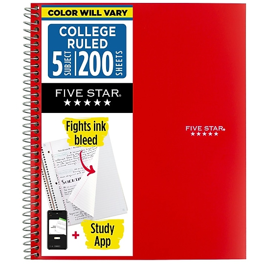 Five Star 5-Subject Notebooks, 8.5" x 11", College Ruled, 200 Sheets, Color Chosen at Random (06112/06208)~#|#~F0D2E49C-ED7B-424C-BEE90F27FC364E9A_sc7