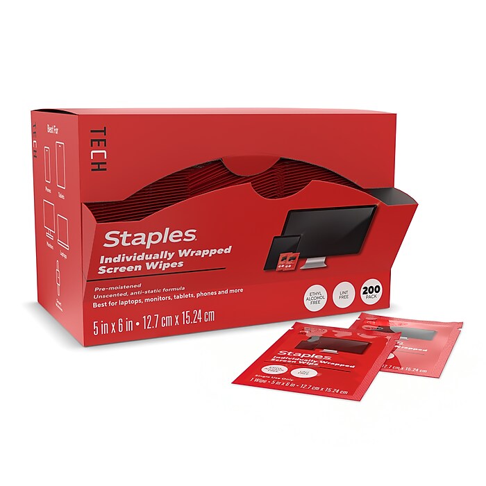 Staples TECH Individually Wrapped Screen Wipes, 200/Pack (ST63058