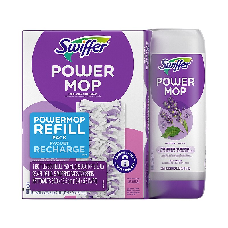 Swiffer PowerMop 5.3" Mopping Pad and Floor Cleaning Solution Kit, White/Purple (09117) image 1