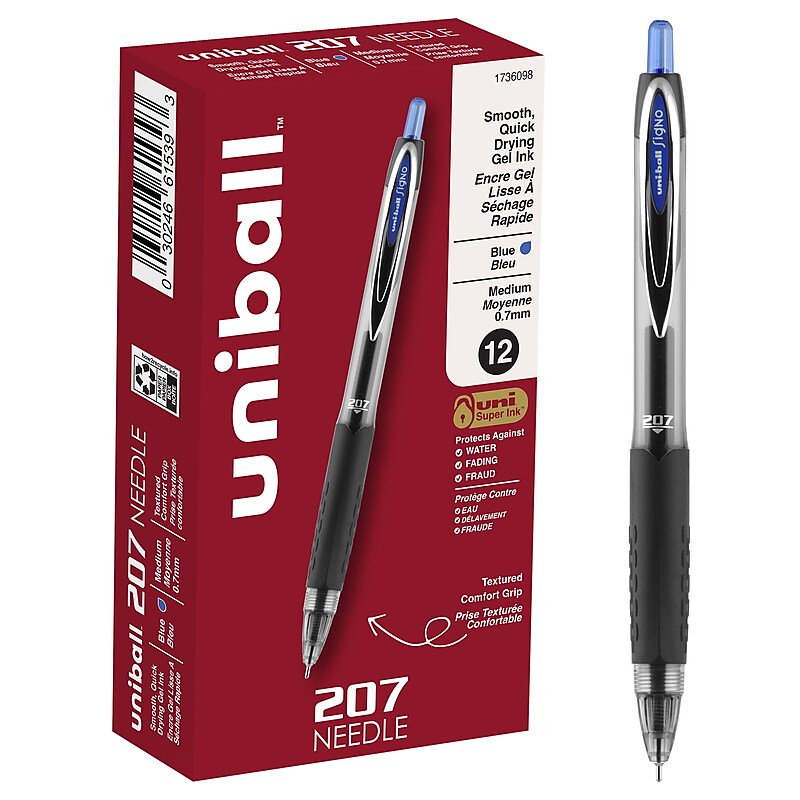 uni-ball 207 Needle Retractable Gel Pens, Medium Point, 0.7mm, Blue Ink, Dozen (1736098) image 1
