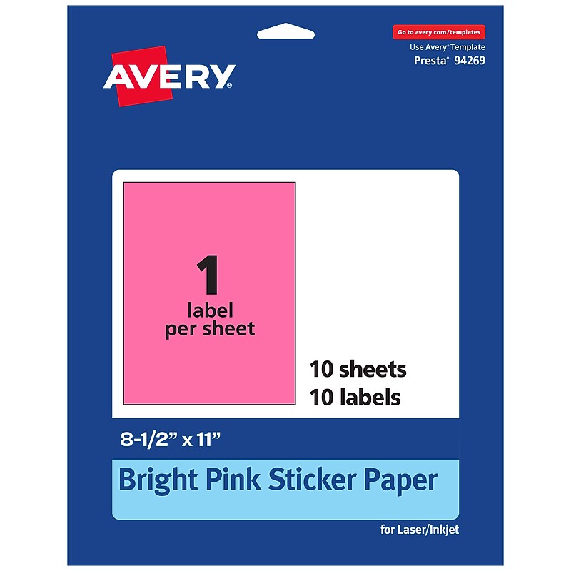 Avery Laser/Inkjet Rectangle Multipurpose Labels, 8.5" x 11", Bright Pink, 10/Pack (94269) image 1
