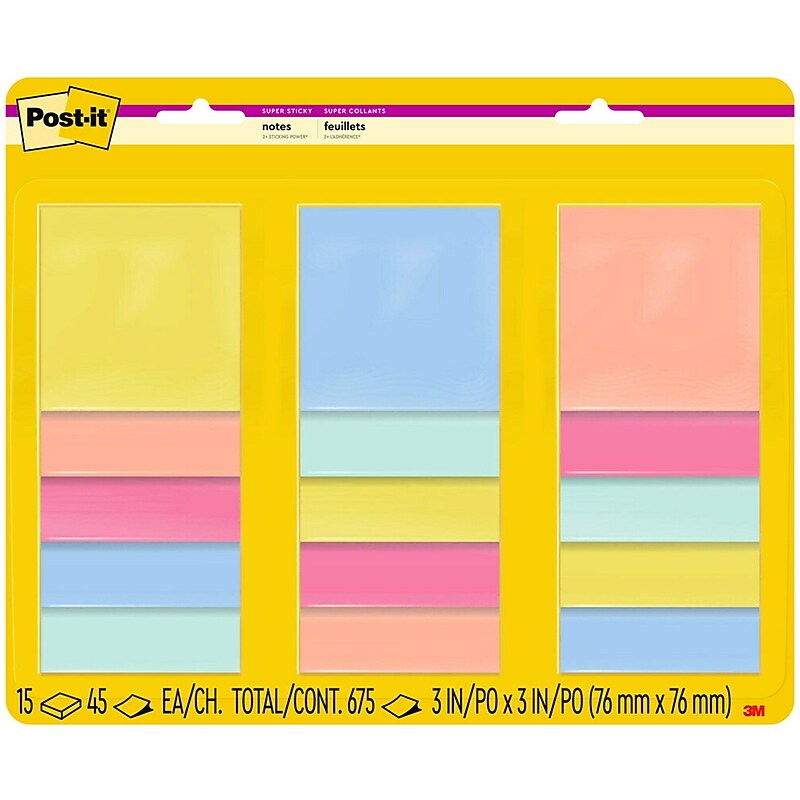 Post-it Super Sticky Notes, 3" x 3", Summer Joy Collection, 45 Sheets/Pad, 15 Pads/Pack (654-15SSJOY) image 1