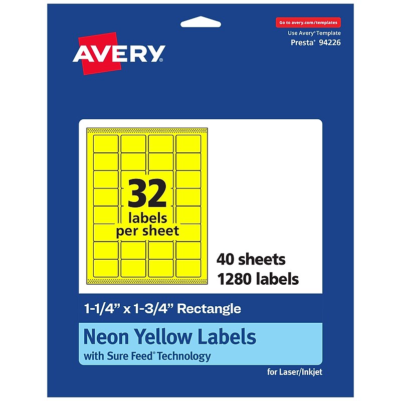 Avery Laser/Inkjet Rectangle Multipurpose Labels, 1.25" x 1.75", Neon Yellow, 1280/Pack (94226) image 1