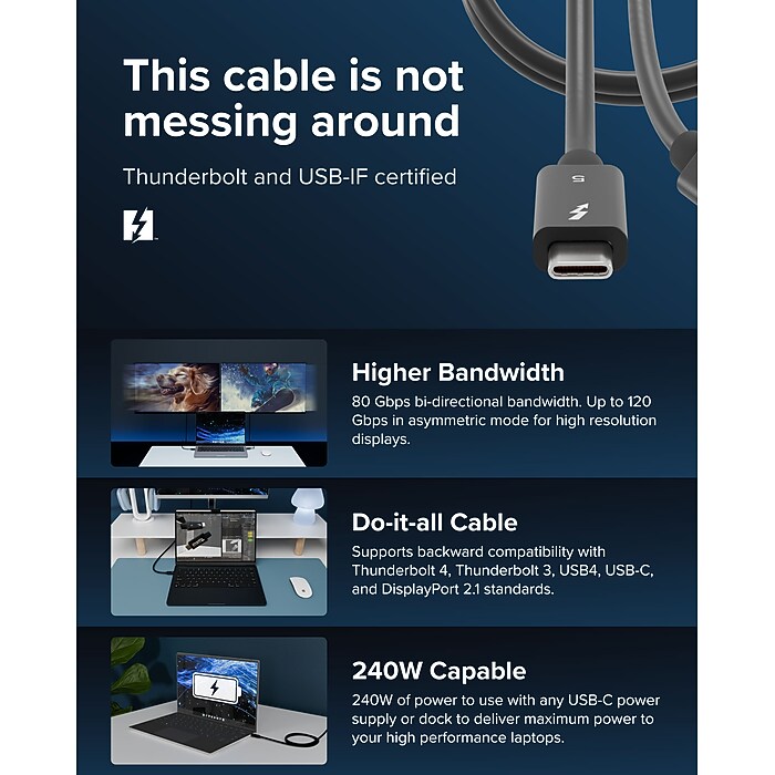 Plugable Thunderbolt 5 3.3ft USB-C to USB-C Cable, Male to Male