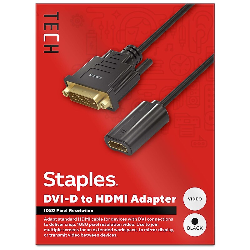Staples TECH DVI-D to HDMI Audio/Video Adapter, Male to Female, Black (ST62359) image 1