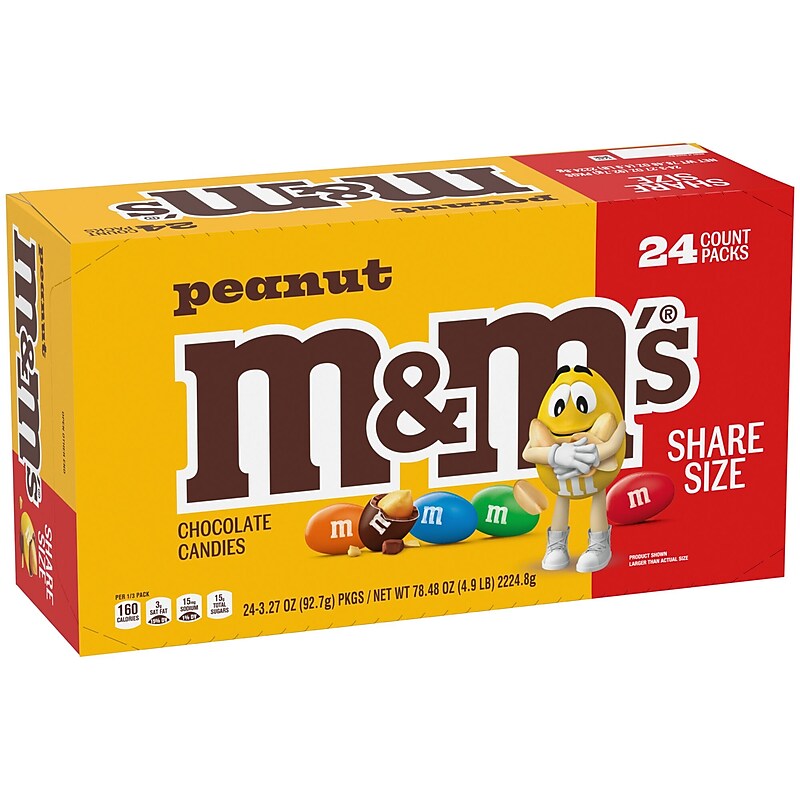 M&M's Sharing Size Peanut Milk Chocolate Pieces, 3.27 oz., 24 Bags/Box (MMM04432) image 1
