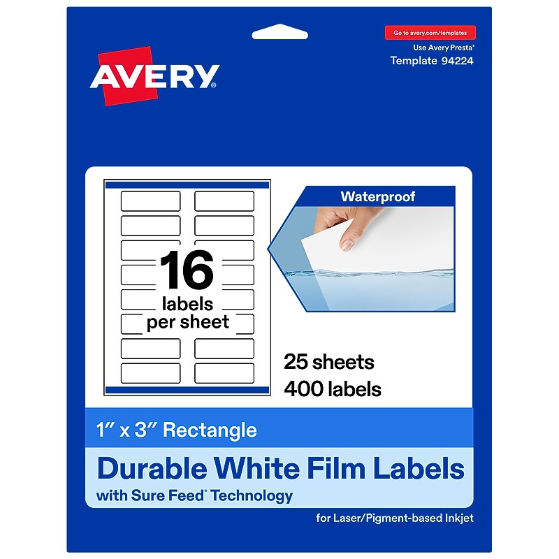 Avery Laser/Inkjet Waterproof Multipurpose Rectangle Labels, 1" x 3", White, 400 Labels/Pack (94224) image 1