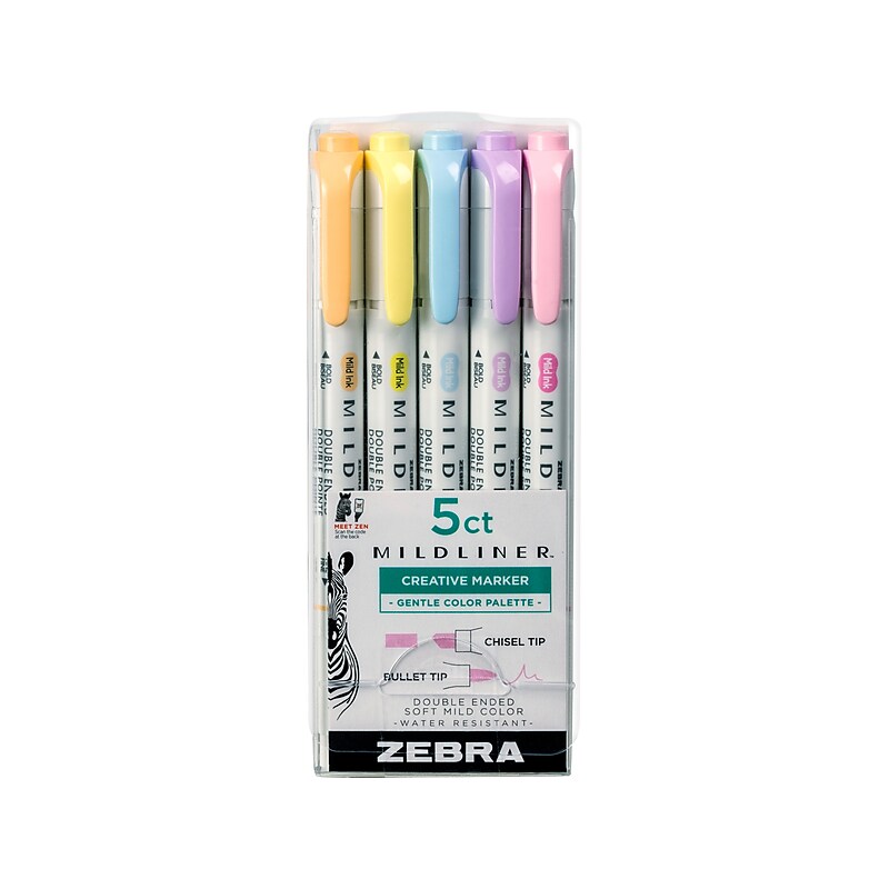 Zebra Mildliner Twin Tip Highlighters, Bullet/Chisel Tip, Gentle Assorted, 5/Pack (78705) image 1