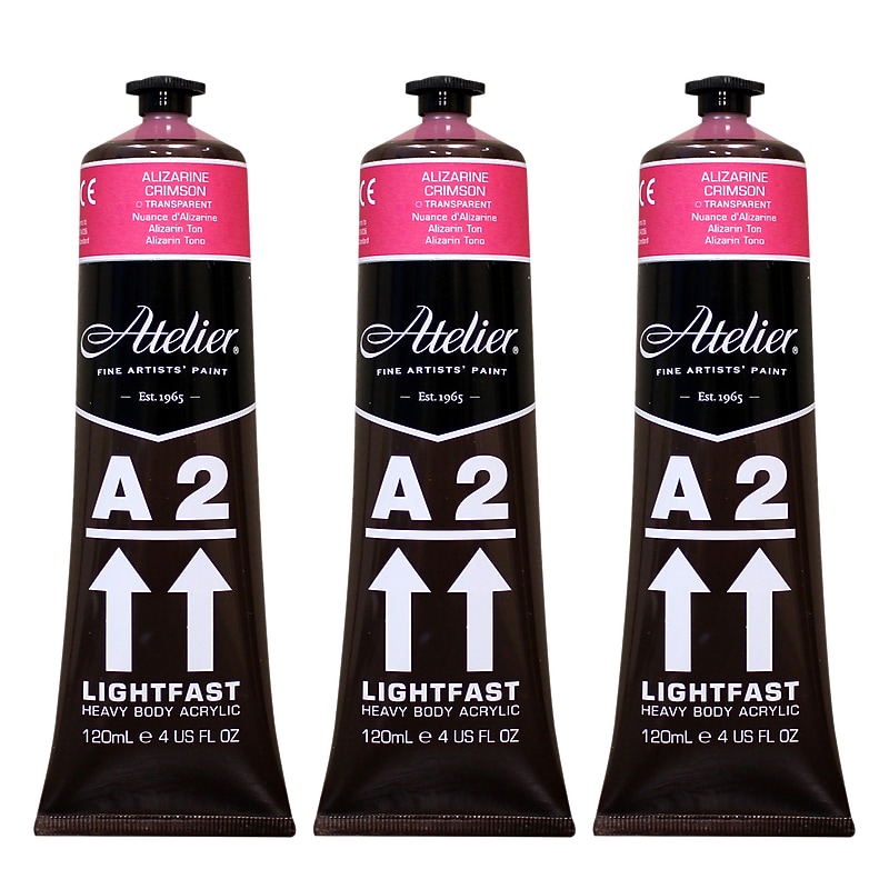 Chroma Atelier A2 Lightfast Acrylic Paint Tube, Alizarine Crimson Hue, 4 oz., 3/Bundle (CRM677-3) image 1