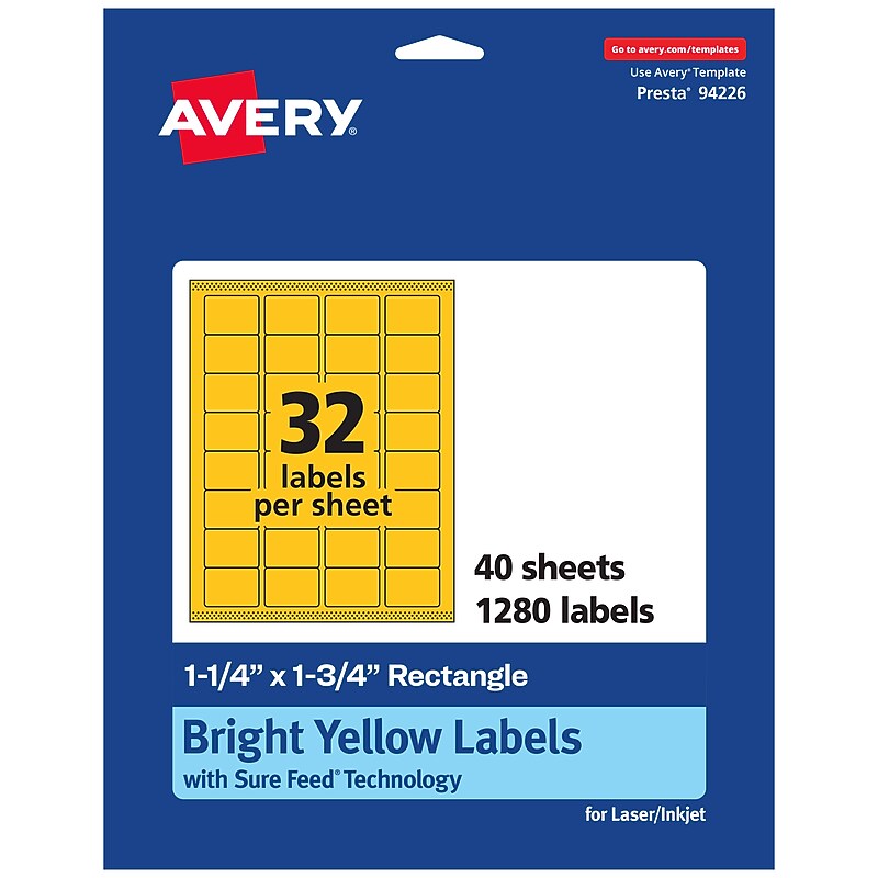 Avery Laser/Inkjet Rectangle Multipurpose Labels, 1.25" x 1.75", Bright Yellow, 1280/Pack (94226) image 1