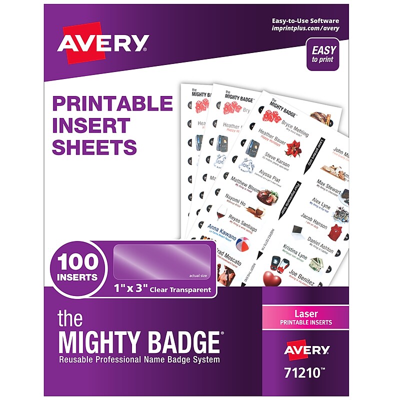 Avery The Mighty Badge Laser Printable Insert Sheets, 1" x 3", Clear, 20 Inserts/Sheet, 5 Sheets/Pack, 100 Inserts/Pack (71210) image 1