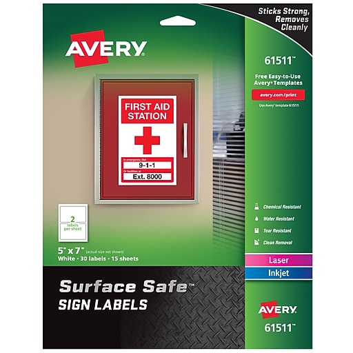 Avery Surface Safe Laser/Inkjet Label Safety Signs, 5" x 7", White, 2