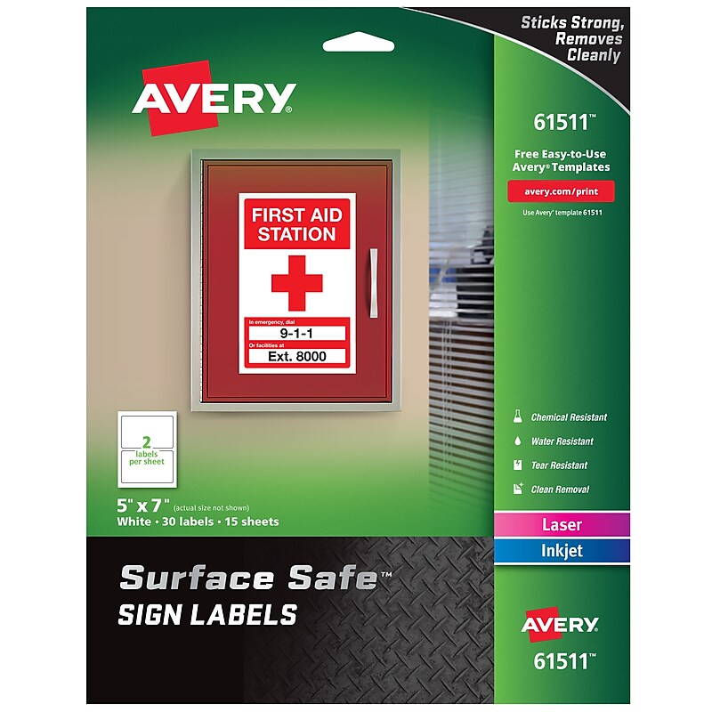 Avery Surface Safe Laser/Inkjet Label Safety Signs, 5" x 7", White, 30 Labels/Pack (61511) image 1