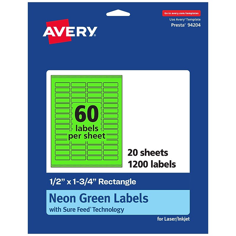 Avery Laser/Inkjet Multipurpose Rectangle Labels, 0.5" x 1.75", Neon Green, 1200/Pack (94204) image 1