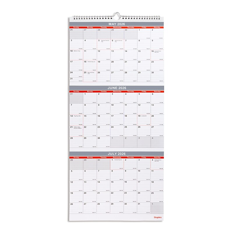 2026 Staples 12" x 27" Three-Month Wall Calendar, White/Red/Gray (ST53920-26) image 1