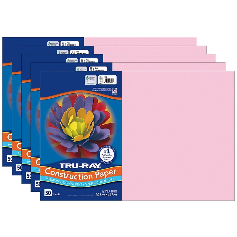 Tru-Ray 12" x 18" Construction Paper, Pink, 50 Sheets/Pack, 5 Packs/Bundle (PAC103044-5) image 1