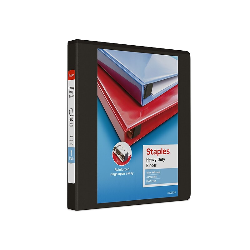 Staples Heavy Duty 1" 3-Ring View Binder, D-Ring, Black (ST56231-CC) image 1