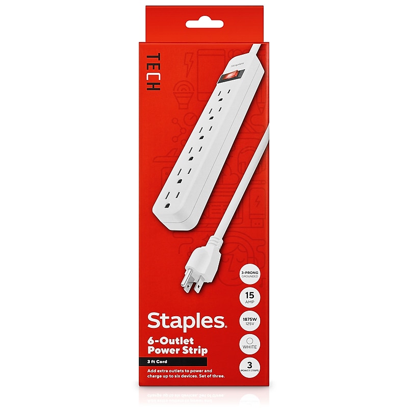 Staples TECH 6-Outlet Power Strip, 3' Cord, White,  3/Pack (42319) image 1