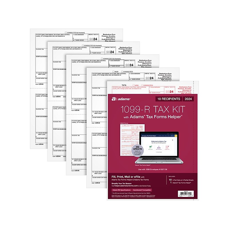 Adams 2024 1099-R Tax Form with Access to Adams Tax Forms Helper, 5-Part, 2-Up, Copy A, 1, B, 2, 10/Pack (STAX5R-24) image 1