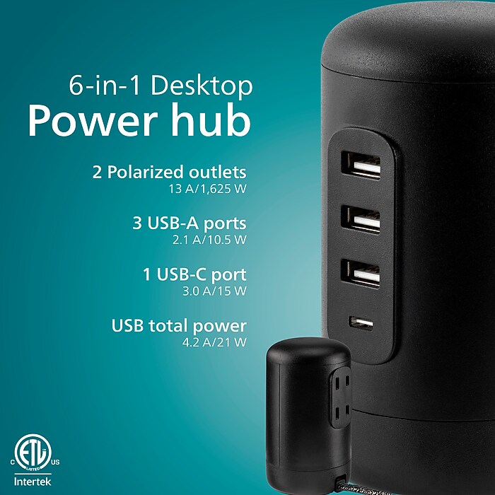 Philips Desktop Power 4-Port Hub, 3 USB-A, 1 USB-C, Black