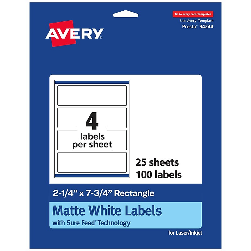 Avery Laser/Inkjet Multipurpose Rectangle Labels, 2.25" x 7.75", White, 100 Labels/Pack (94244) image 1