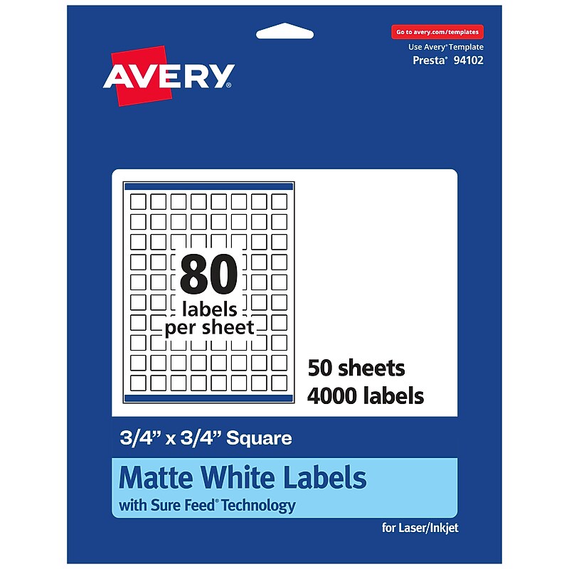 Avery Laser/Inkjet Square Multipurpose Labels, 0.75" x 0.75", White, 4000 Labels/Box (94102) image 1