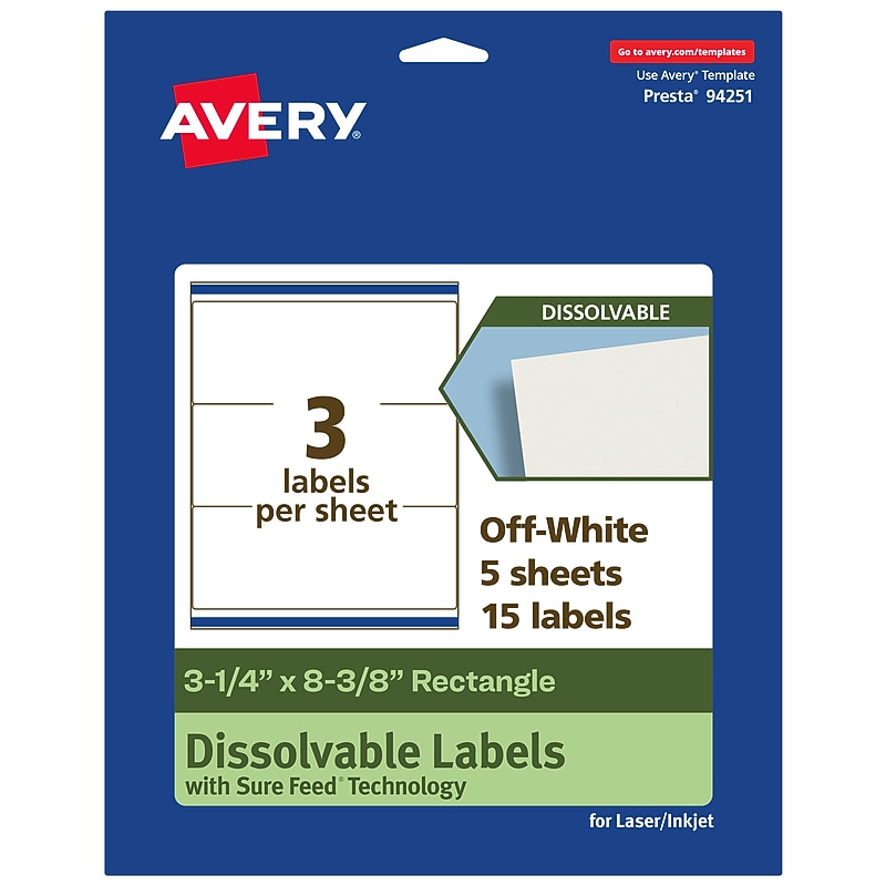 Avery Dissolvable Rectangle Multipurpose Labels, 3-1/4" x 8-3/8", Off-white, 15/Pack (94251) image 1