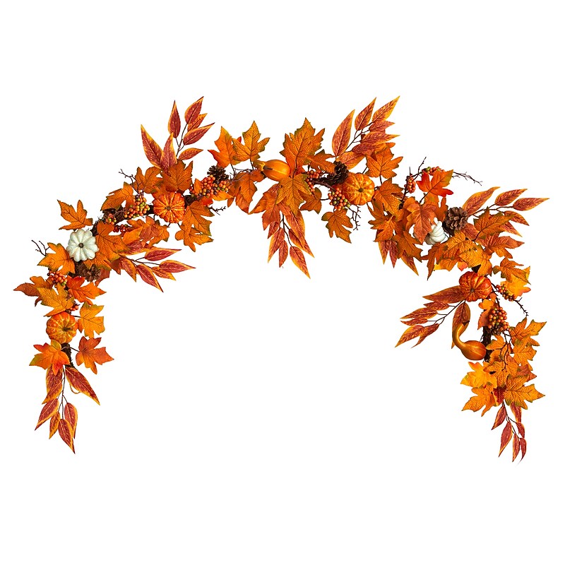 Nearly Natural 6' Assorted Autumn Maple Leaves, Pumpkins, Gourds, Berries and Pinecone Artificial Fall Garland (W1217) image 1
