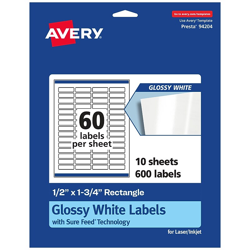 Avery Laser/Inkjet Rectangle Multipurpose Labels, 1.75"  x 0.5", Glossy White, 600/Pack (94204) image 1
