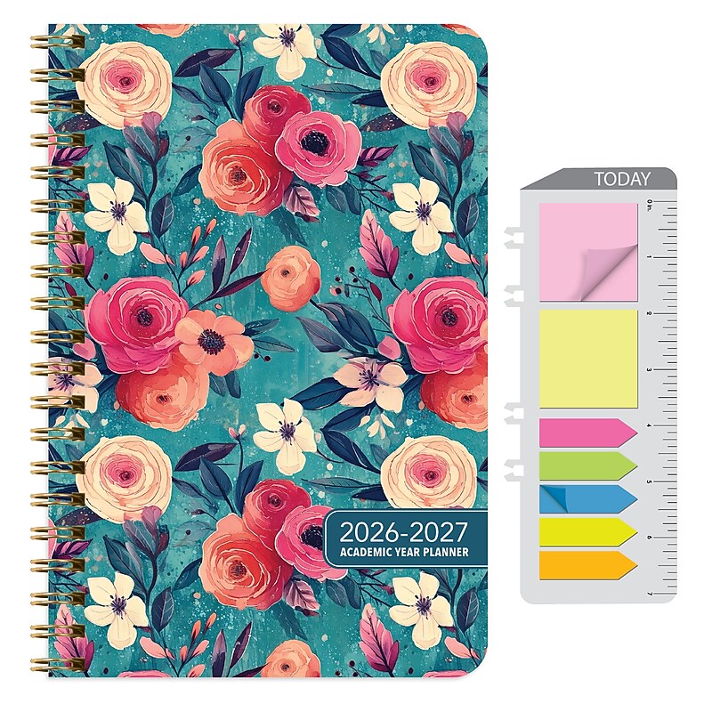 2026-2027 Excello Brands 5" x 8" Academic Weekly & Monthly Planner, Paperboard Cover, Teal Floral (RAY27-58LP-17) image 1