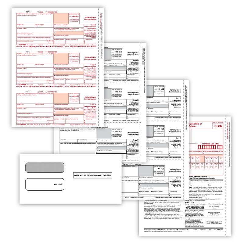 ComplyRight 2024 1099-NEC Tax Form Envelopes, 4-Part, 3-Up, Copy A, B, C/2, 1096 Transmittal, 100/Pack (NEC6103E100) image 1